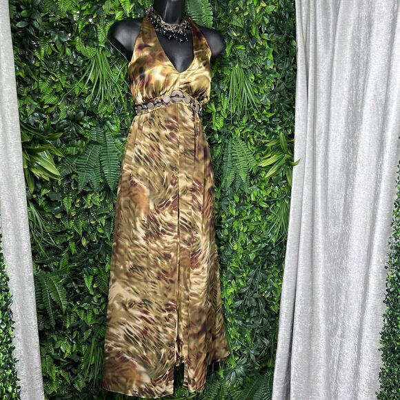 Vintage ROBBI BEE Dress Women 10 Brown Gold Halter Neck Flowy Sheer Overlay 2303 - Picture 6 of 8